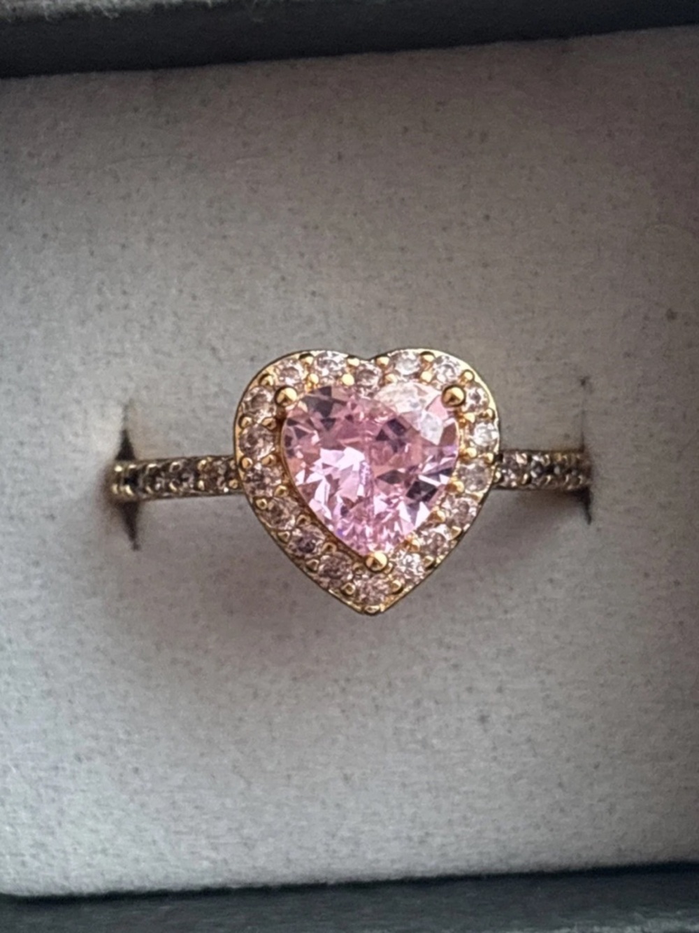 Pink Heart Ring Size 7 Rose Gold Plated Halo CZ Romantic Promise Engagement